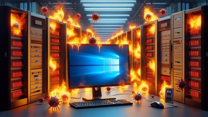 Computer displays Windows logo, servers around it are on fire, fuming viruses attack everything