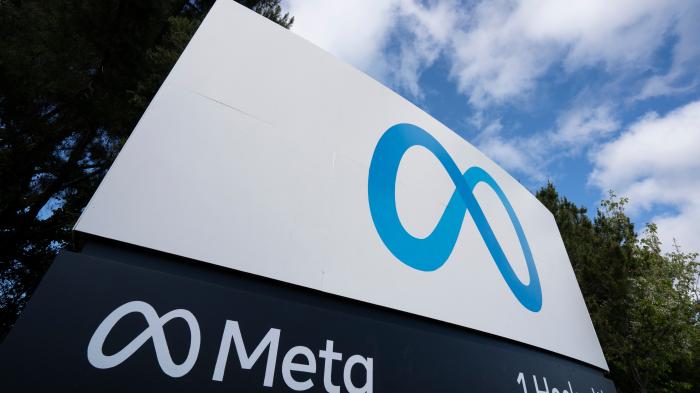 Meta logo on sign in front of the head office