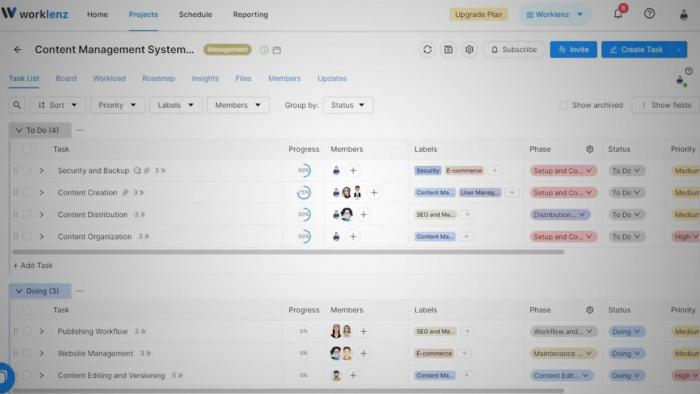 Screenshot der Aufgabenübersicht in Worklenz