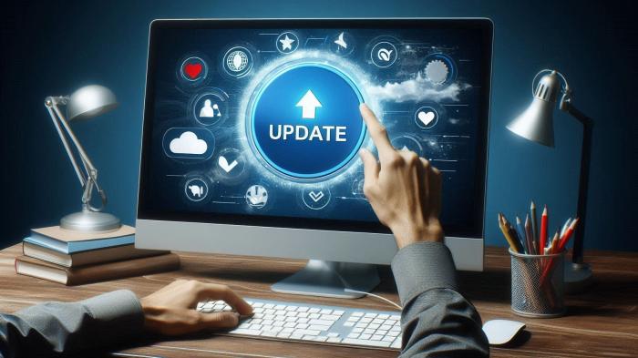 Hand tippt auf Update-Schaltfläche auf Monitor