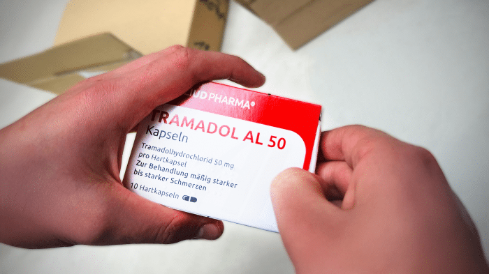 Ordered painkiller Tramadol unpacked. More packages in the background