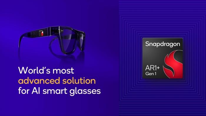 Eine Grafik zeigt eine schwarze Smartbrille, ein Snapdragon Logo und einen Werbeschriftzug.