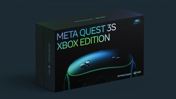 Schwarze Verpackung der Meta Quest 3S Xbox Edition VR-Brille mit grünen Xbox-Akzenten.