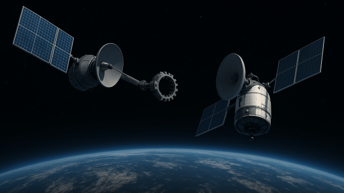 Zwei Satelliten in synchroner Umlaufbahn, wovon einer über eine Art Greifarm verfügt