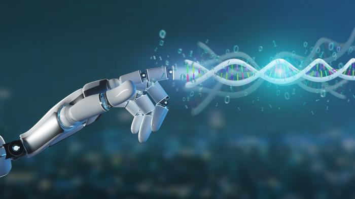 Eine Roboterhand und ein DNA-Strang