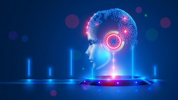 Artificial,Intelligence,With,Virtual,Hanging,Head,On,Podium.,Global,World