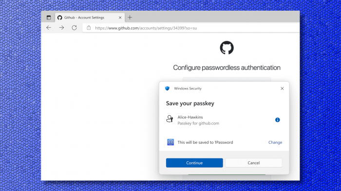 Windows Hello erlaubt Passkey-Speicherung in 1Password