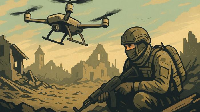 Ki-generierte Grafik zeigt in einem comicartigen Stil einen Soldaten mit Sturmgewehr und darüber eine Drohne.