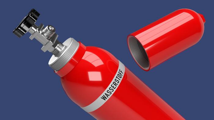 Rote Gasflasche mit der Aufschrift: Wasserstoff