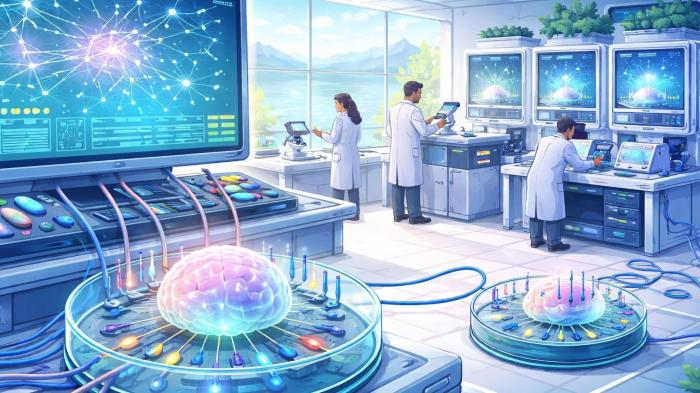 Ein Labor, in dem menschliche Gehirne an ein Computersystem angeschlossen sind.