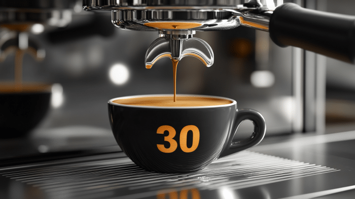 Zahl 30 steht auf Kaffeetasse