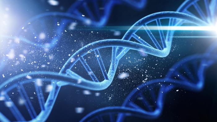 DNA-Doppelhelix auf blauem Hintergrund