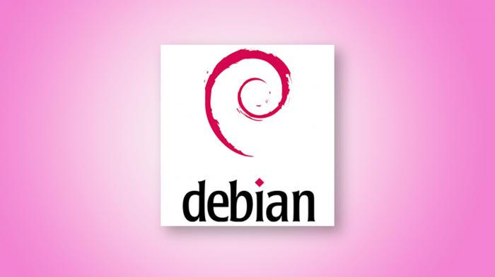 Debian-Logo und Schriftzug, rosa Hintergrund