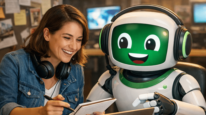 Eine Frau und ein Roboter schauen auf ein Tablet