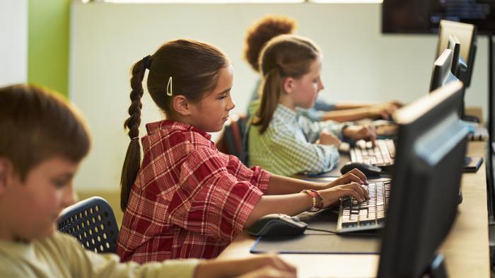 Eine Gruppe von Kindern sitzt in der Schule vor Computern.