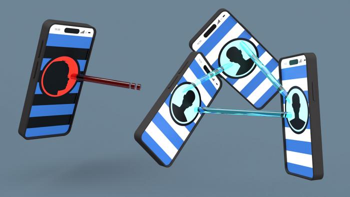 Drei verbundene Samrtphones mit Socialmediaprofilen und Samrtphone mit Kinderprofilbild abgekoppelt