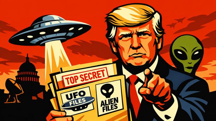 Donald Trump mit einer Akte vor einem UFO