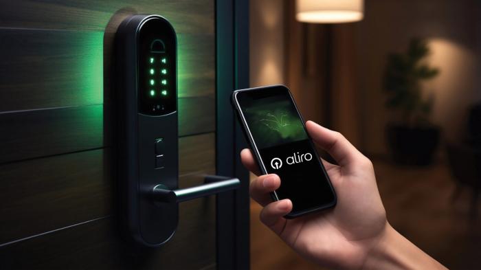 Hand hält Handy an Türschloss