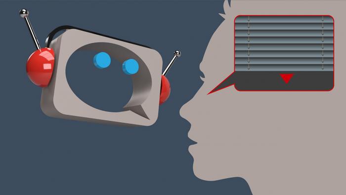 3D-Chatbot-Symbol und Silhouette eines Frauenkopfs mit zugezogenen Jalousien in einer Sprechblase