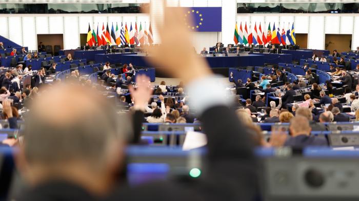 Blick auf das Plenum des EU-Parlaments währen einer Abstimmung. Unscharf im Vordergrund ein Abgeordneter, der per Handzeichen abstimmt.