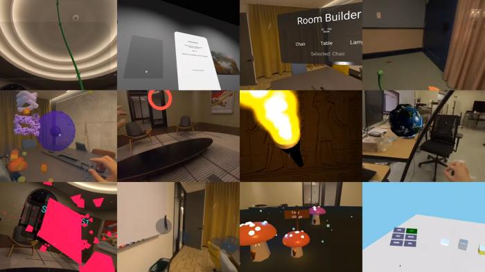 Collage of XR demos: virtual objects, interfaces, and interactions in real environments.