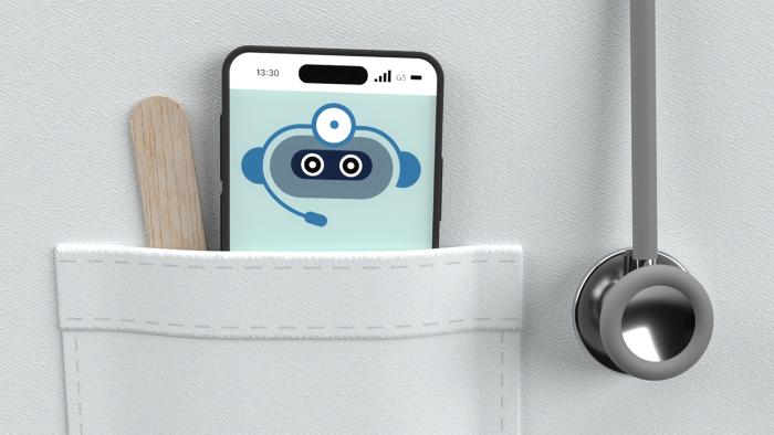 Auschnitt Arztkittel mit Holzstäbchen, Stethoskop und Smartphone mit Chatbot auf dem Display mit