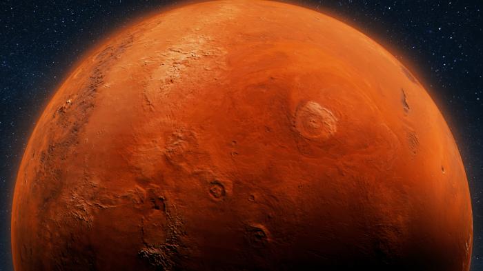 Detailansicht des Mars mit sichtbaren Kratern und geologischen Formationen