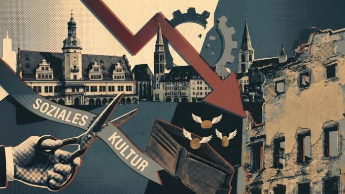 Grafik zeigt Schere, einen roten Pfeil nach unten und öffentliche Gebäude