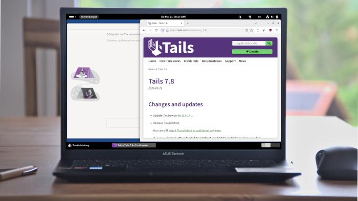 Desktop von Tails 7.8 auf einem Notebook
