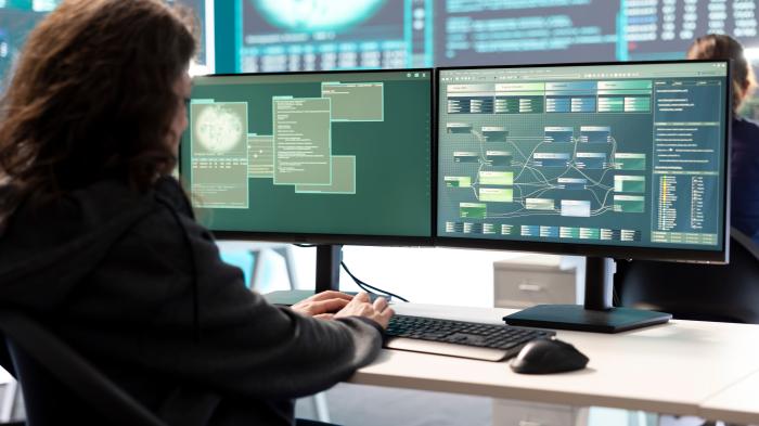 Person arbeitet an einem Schreibtisch mit zwei Monitoren, auf denen komplexe Software- und Netzwerkdiagramme angezeigt werden.