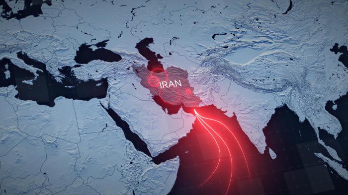 Karte von Ostfrika und großen Teilen Asien mit Iran im Zentrum