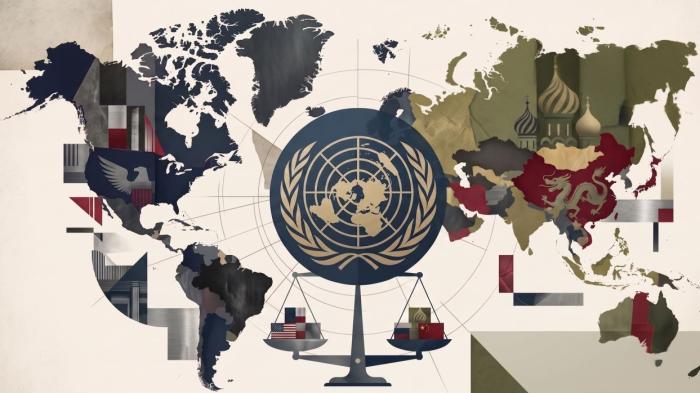 Karte zeigt USA, Russland und China und Symbole für die Länder