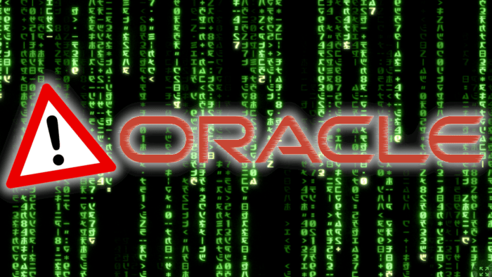 Oracle-Logo mit Achtung-Schild vor Matrix-Regen-Hintergrund
