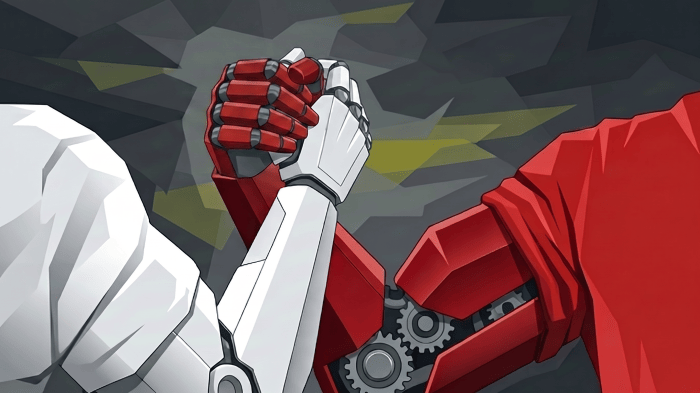Zwei Roboterarme beim Handshake, einer weiß, der andere rot.