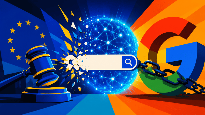 Plakative Grafik zeigt Google-Symbol, einen Richter-Hammer, die EU-Flagge und ein Google-Suchfeld