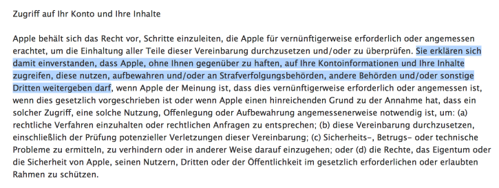 Auszug aus Apples "Nutzungsbedingungen für iCloud".
