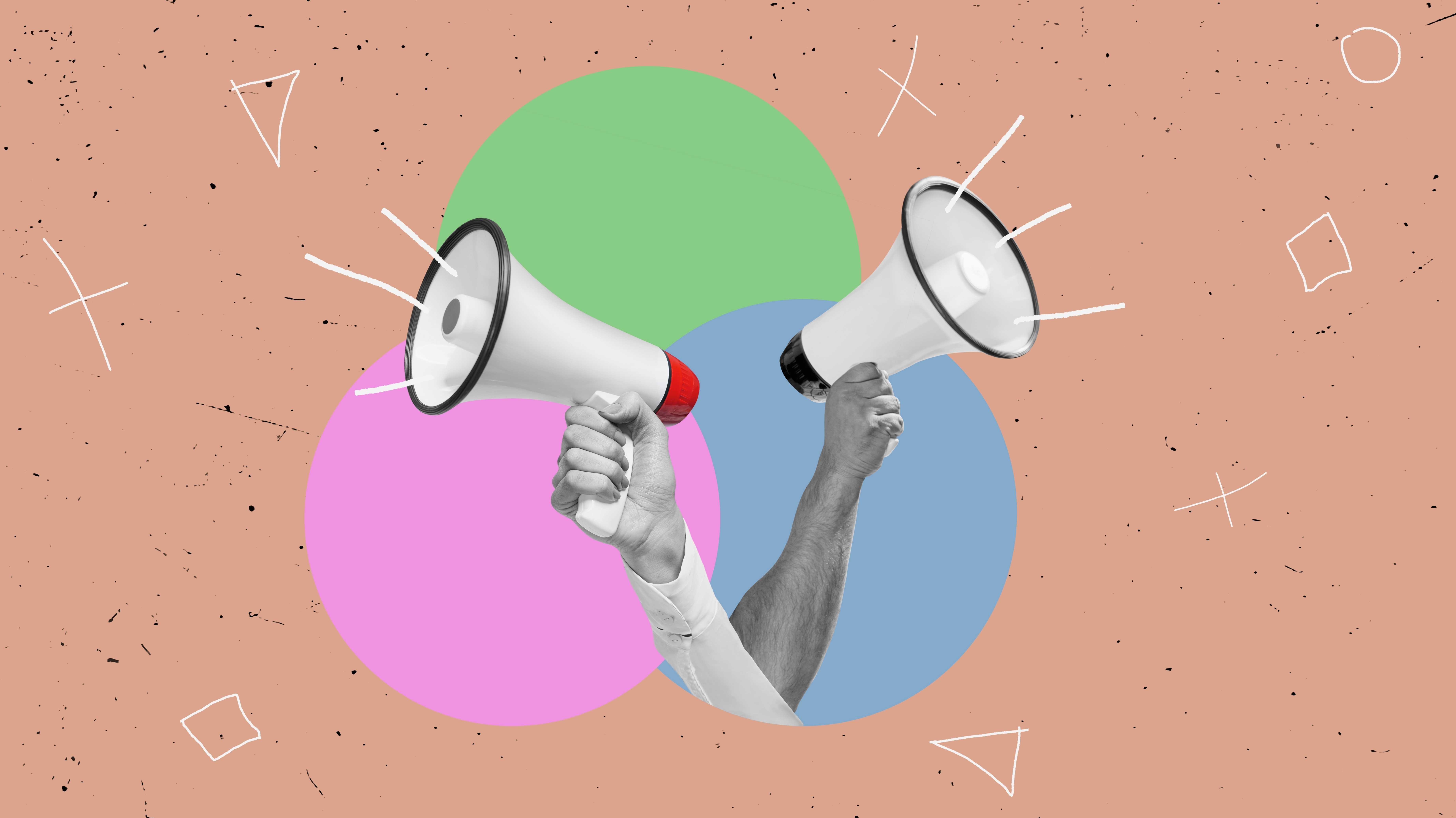 Stilvolle trendige Collage moderner Kunst. Andere Meinung. Verrückte Diskussion, Debatte, feiern, ankündigen, Informationen - zwei Mund Schreie in Megaphon.