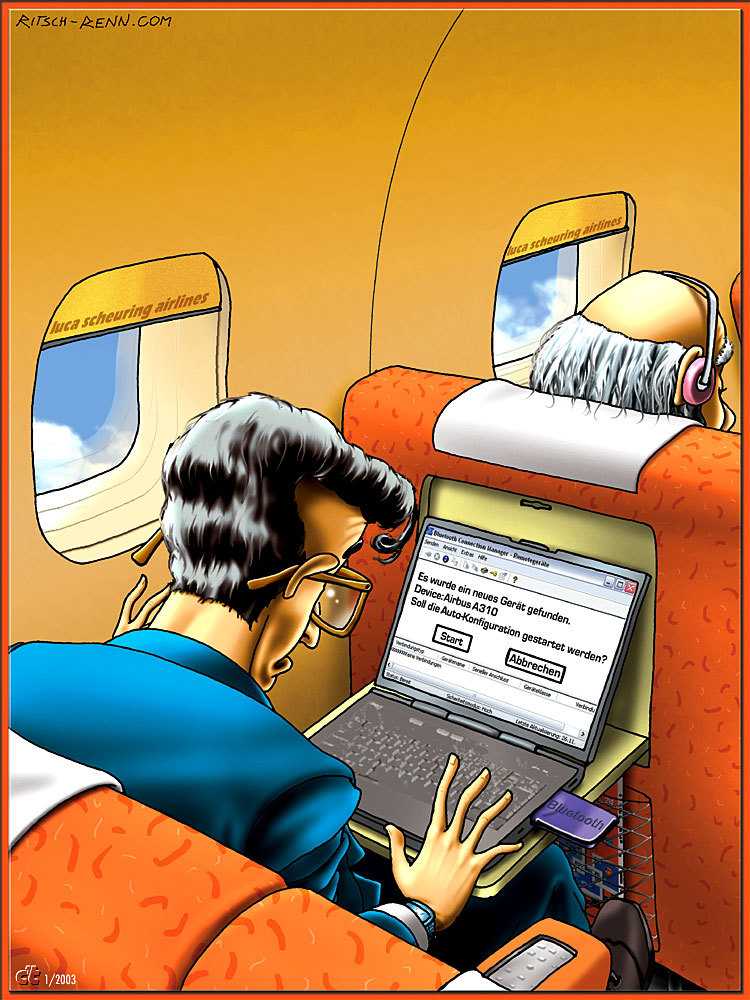 Flugpassagier mit Laptop. Bluetooth-Anzeige: "Neues Gerät gefunden: AIrbus 310. Auto-Konfiguration: 'Start' oder 'Abbrechen'?"