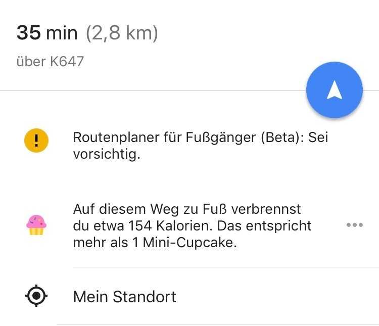 Jeder Fußmarsch führte in Google Maps kurzzeitig zu Mini-Cupcakes, die Kalorienschätzung soll bald aber verschwinden.