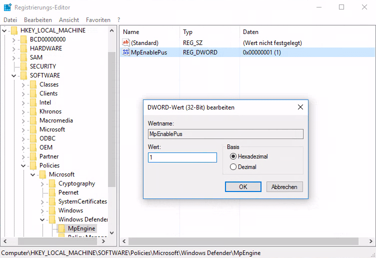 Dieser Registry-Wert aktiviert den Adware-Schutz des Defender.