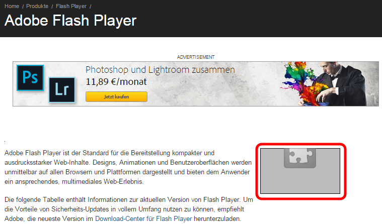 Sieht man auf der Adobe-Testseite im rot markierten Bereich nur einen Platzhalter, hat man den Flash Player erfolgreich deaktiviert. Wenn er noch läuft, steht dort seine Versionsnummer.
