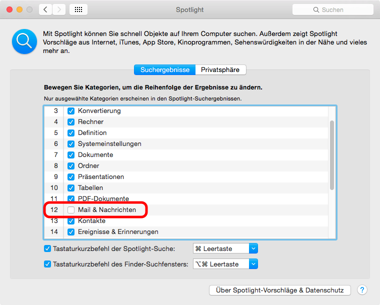 Schutz liefert nur eine radikale Maßnahme: Deaktiviert man das Durchsuchen von "Mail & Nachrichten", tauchen auch keine Tracking-Mails mehr in den Suchergebnissen auf.