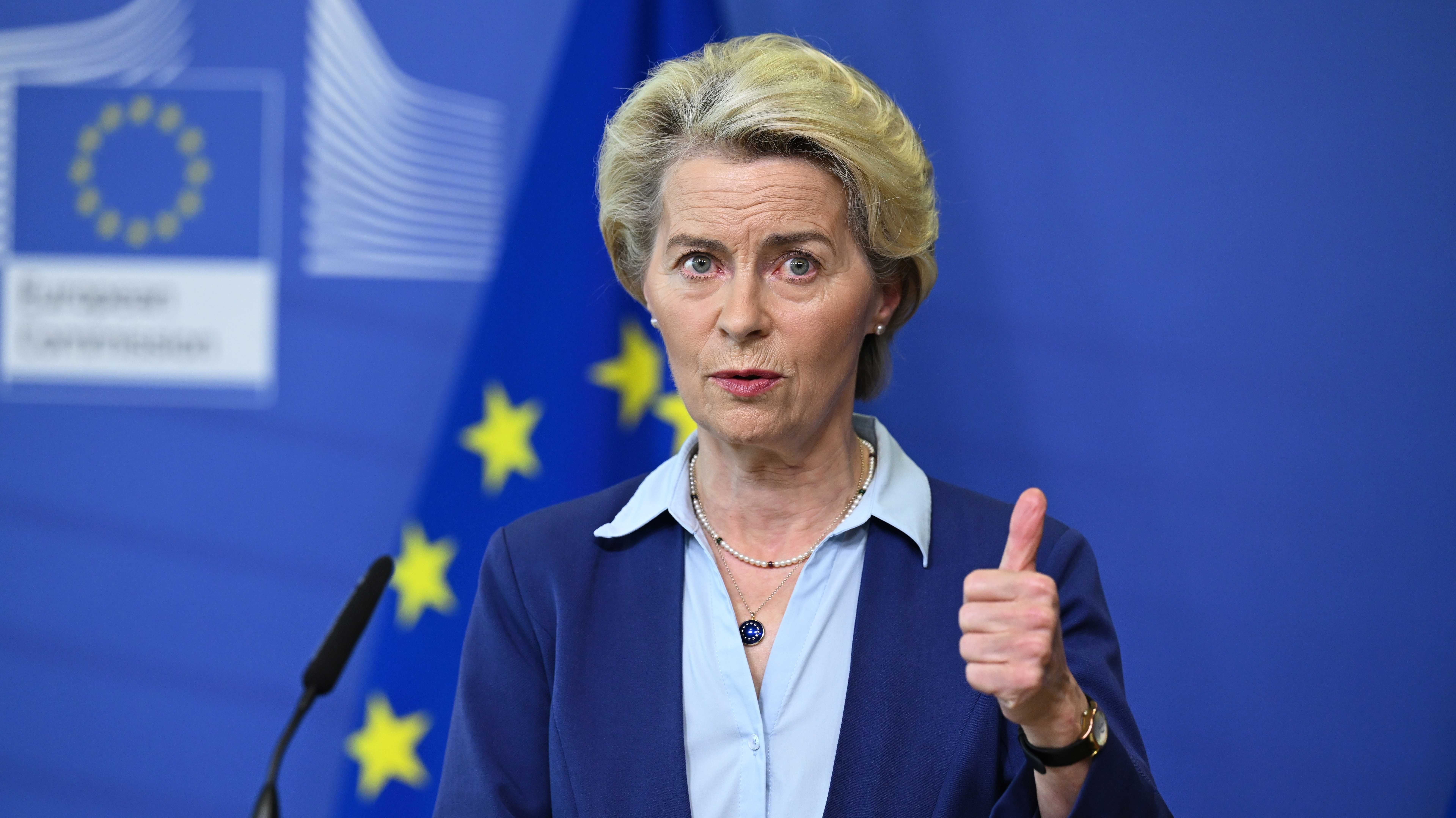 eine Frau vor EU-Fahne im Hintergrund