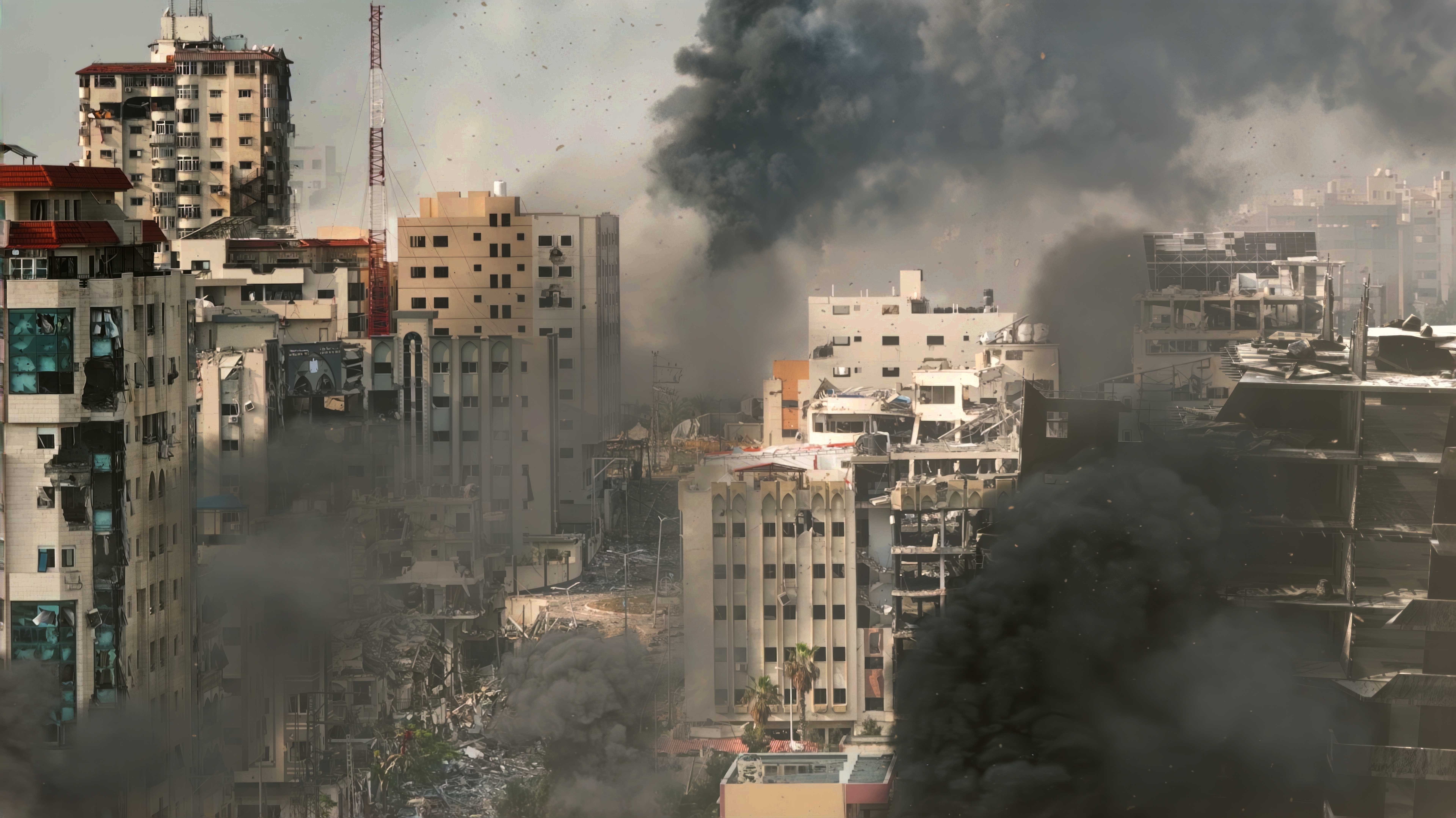 Drohnenansicht über Gebäude im Norden Gazas, die vom israelischen Militär bombardiert werden, 20. März 2024