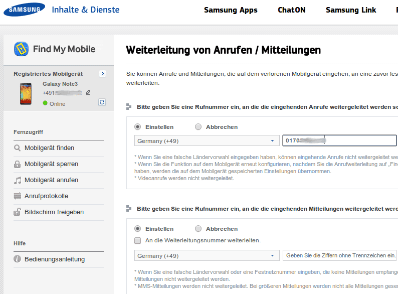 Bis vor kurzem konnte man mit dem Samsung-Dienst "Find My Mobile" eine SMS-Weiterleitung einrichten.