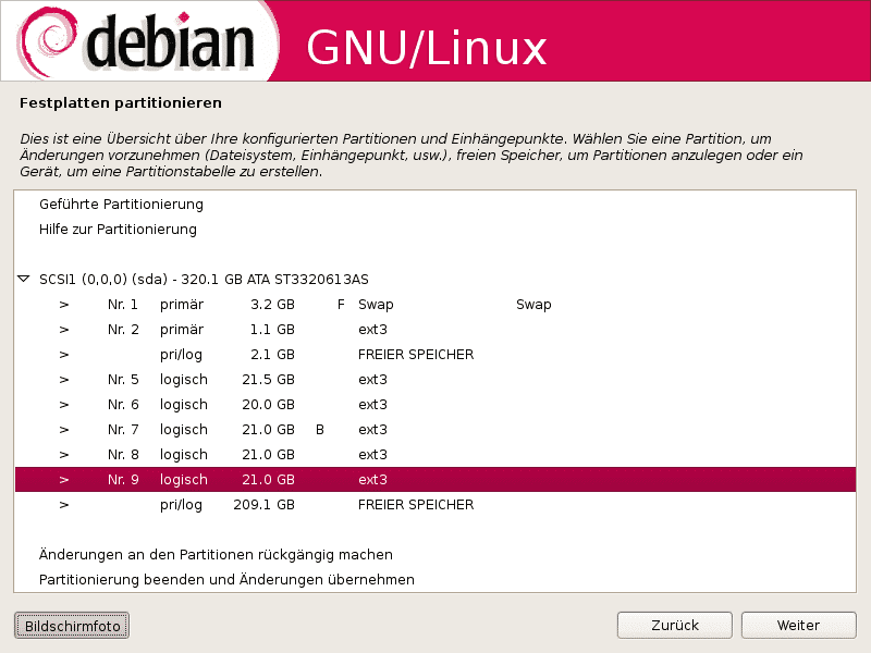 Die Partitionierung im Debian-Installer ist wenig komfortabel.