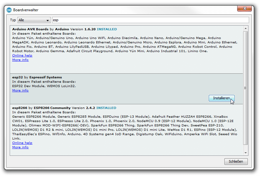 ESP in Arduino IDE einbinden: Screenshot des Boardverwalters