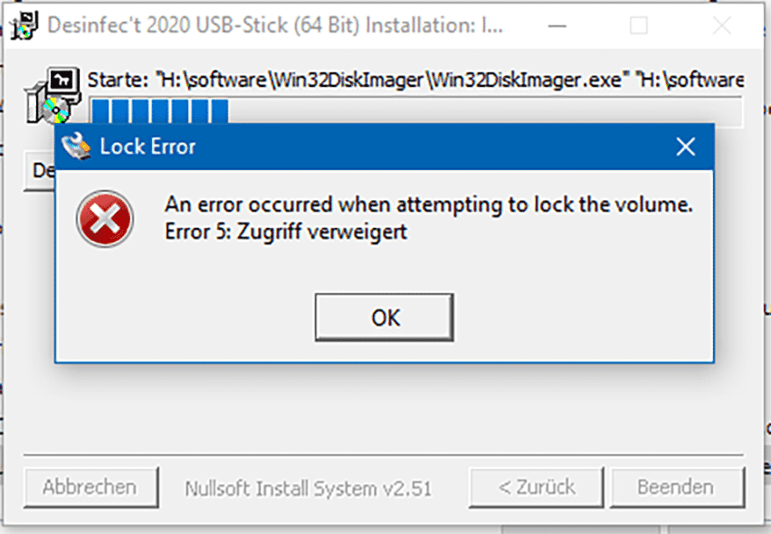 Taucht bei der Stick-Erstellung unter Windows diese Fehlermeldung auf, funkt wahrscheinlich ein AV-Scanner dazwischen.