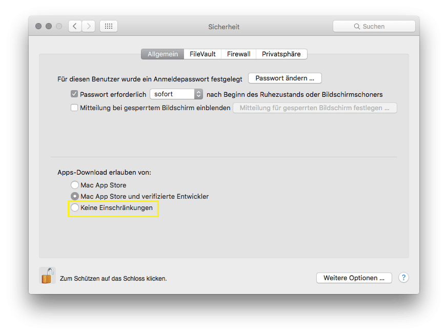 Bis hin zu OS X 10.11 können Nutzer "Keine Einschränkungen" für App-Downloads wählen ? diese Option fehlt derzeit in macOS 10.12