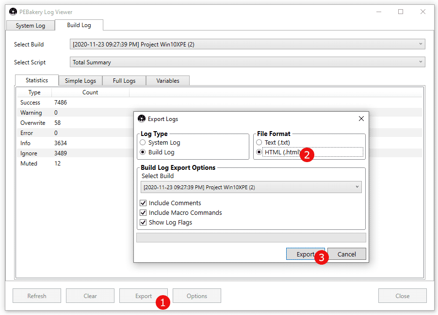 Die von PEBakery angelegten Protokolle (Logs) helfen bei einer eventuellen Fehlersuche. Zum Exportieren klicken Sie zunächst im „Log Viewer“ auf „Export“ (1). Wählen Sie im Dialog „Export Logs“ als Format „HTML“ (2). Nach dem Betätigen von „Export“ (3) erfragt das Programm einen Pfad zum Speichern des Protokolls und öffnet es anschließend in einem Browserfenster.